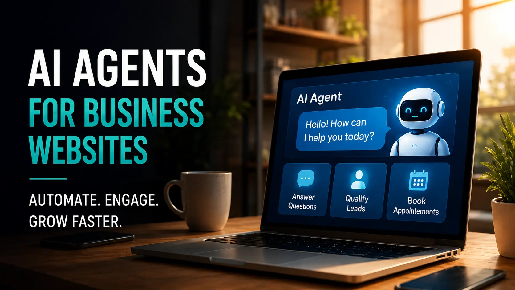 AI agent connected to a business website, CRM, support inbox, calendar and analytics dashboard
