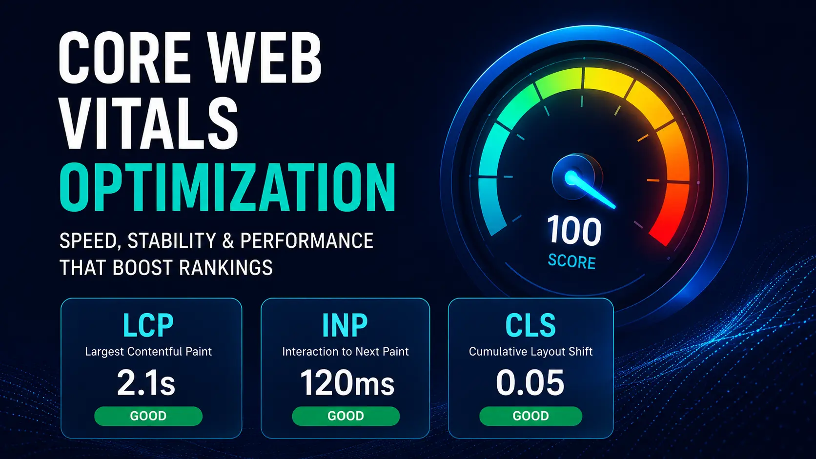 Core Web Vitals performance dashboard displaying LCP, INP and CLS scores for a business website