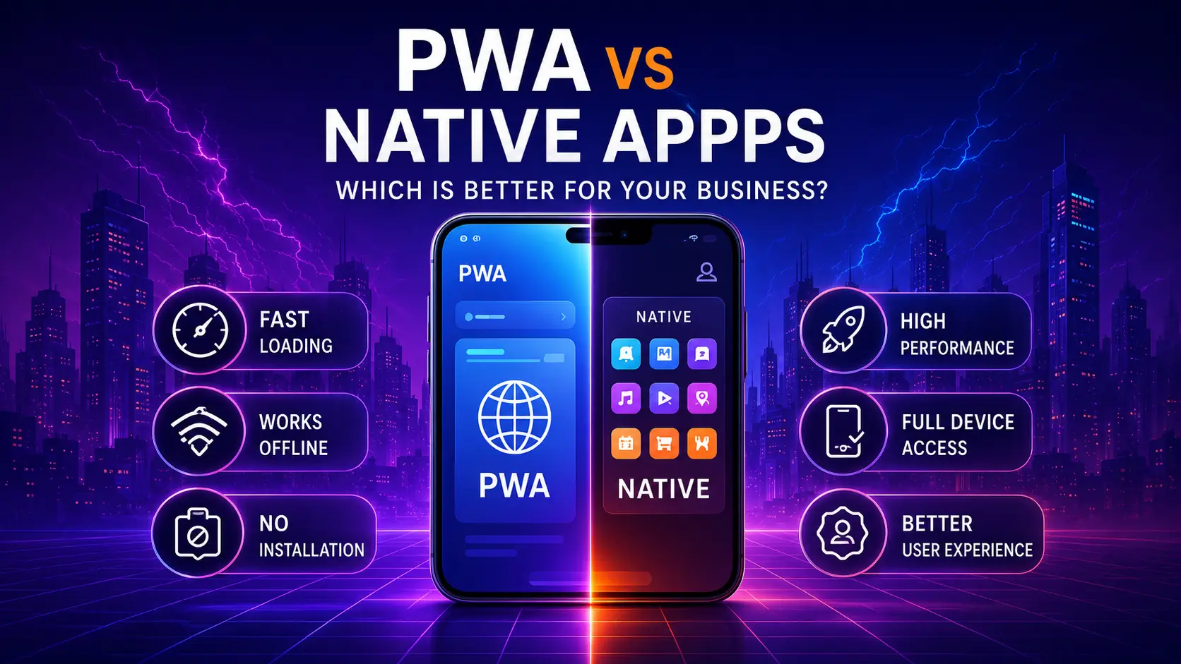 Progressive web app and native mobile app comparison displayed across smartphone, tablet and desktop devices